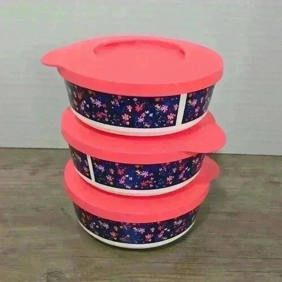 3 Tupperware twist, stack  & store 7641A & 7766A 350ml floral pattern peachy lid - Picture 1 of 7